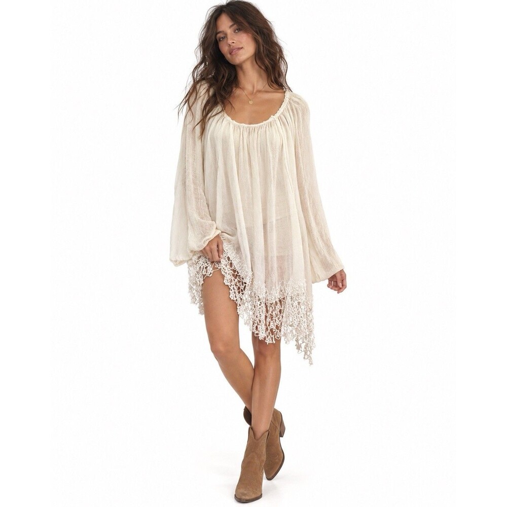 Free People Slip Away Pullover Dress Ivory Crochet Lace Boho XS